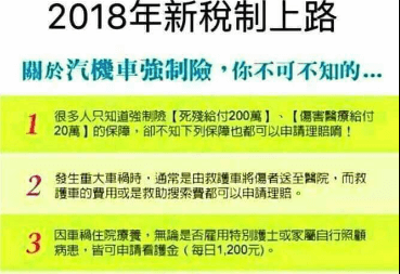 保險迷思 2018新稅制上路所以強制險內容有新版 有這種好康